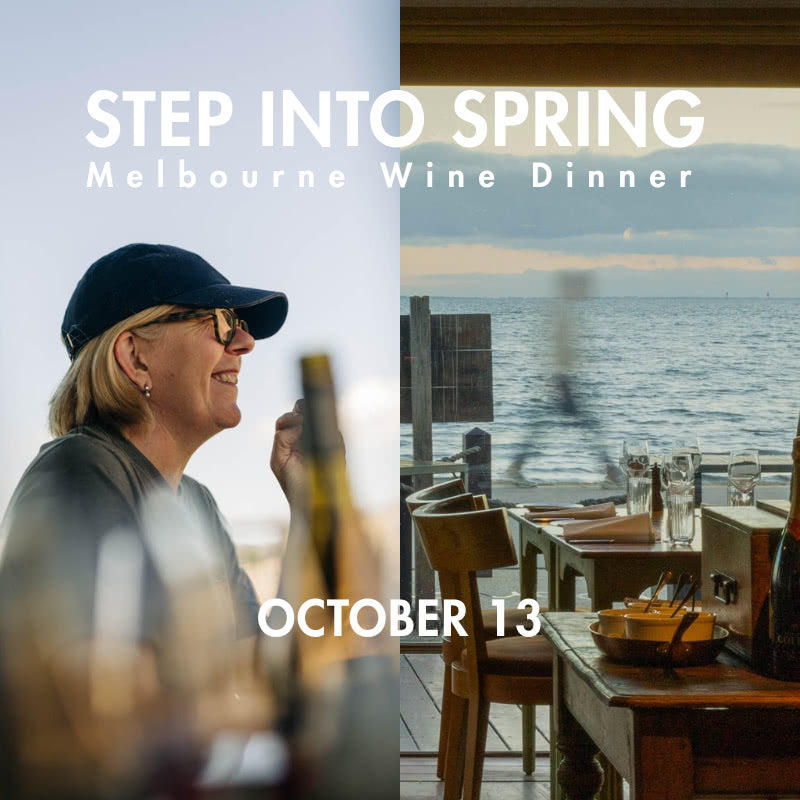 Promotional graphic for a 'Step Into Spring Melbourne Wine Dinner' on October 13. The left half shows a smiling woman in a navy cap and sunglasses holding a wine bottle, with a blurred foreground and the text 'STEP INTO SPRING Melbourne Wine Dinner'.