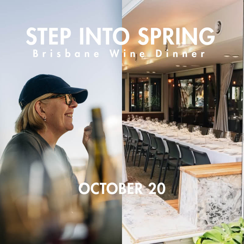 Promotional graphic for a Brisbane Wine Dinner on October 20, featuring a split design: a woman in a cap and sunglasses on the left, and a long dining table set for guests on the right, with the text 'STEP INTO SPRING' and 'OCTOBER 20'.
