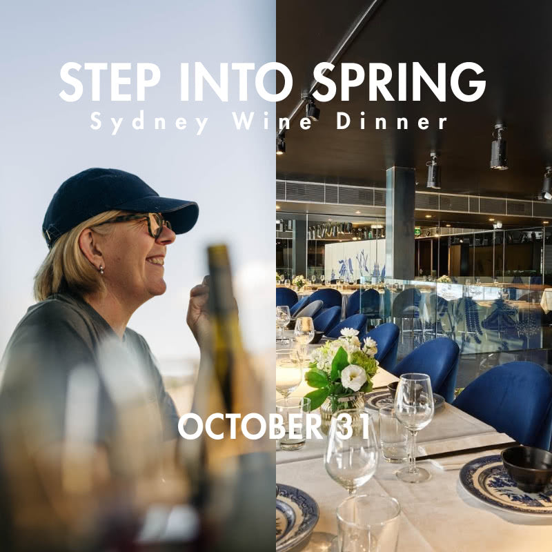 Promotional graphic for the 'Step Into Spring Sydney Wine Dinner' on October 31. The left half shows a smiling woman in a navy baseball cap and sunglasses, with a wine bottle in the foreground and the event title in white text.