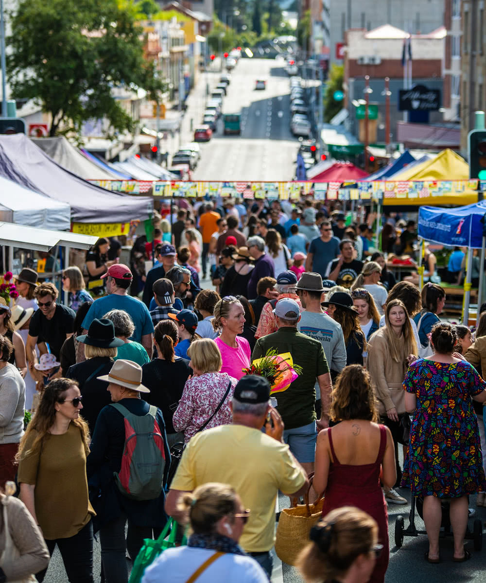 Crowd of people browsing the Farm Gate Market in Hobart