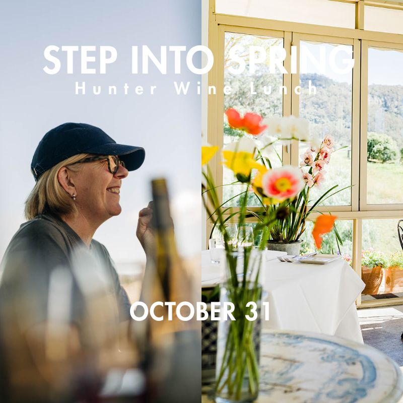 Promotional graphic for 'Step Into Spring Hunter Wine Lunch' dated October 31, featuring a split scene: on the left, a smiling woman in a black cap and sunglasses holding a wine bottle in soft focus; on the right, a bright dining table with flowers and large windows overlooking a green landscape.
