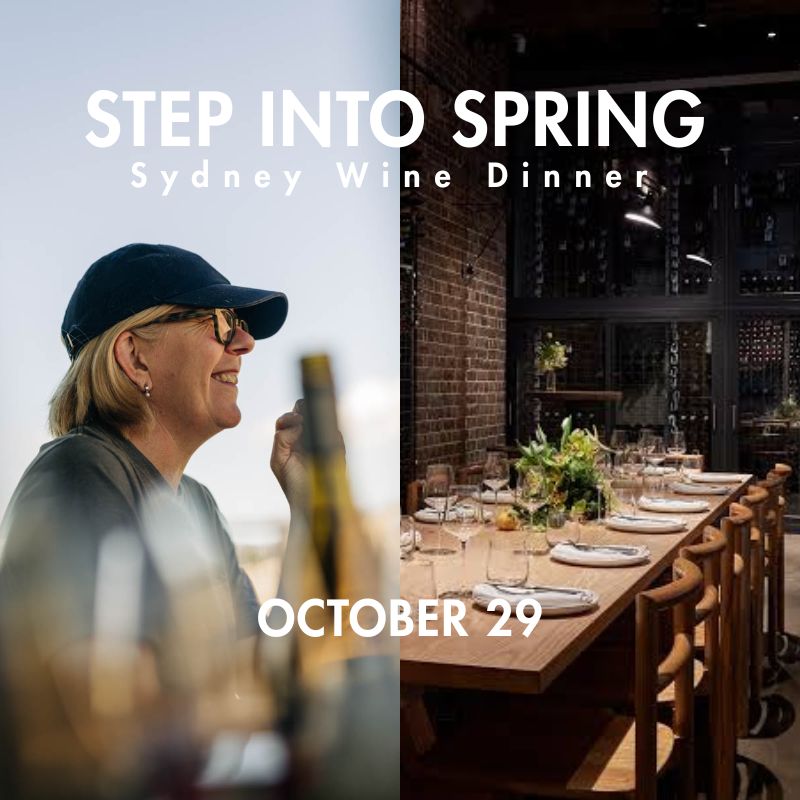 Promotional graphic for the Sydney Wine Dinner, featuring a split screen. The left side shows a smiling woman in a navy cap and sunglasses holding a wine bottle against a bright sky, with the text 'STEP INTO SPRING' and 'OCTOBER 29'.